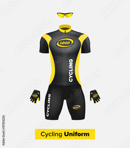 Realistic vector cycling uniform template. Black and yellow. Branding mockup. Bike or Bicycle clothing and equipment. Special kit - short sleeve jersey, gloves and sunglasses. Front view