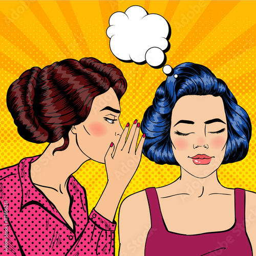 Young Woman Whispering Secret to her Friend. Pop Art Vector illustration
