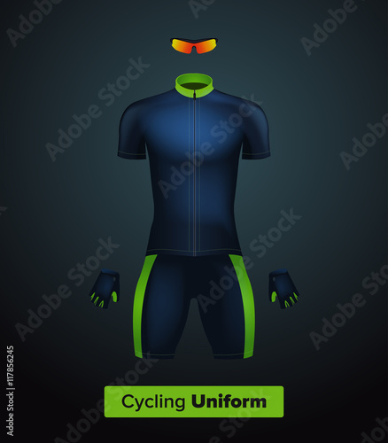 Realistic vector cycling uniform template. Blue and green. Branding mockup. Bike or Bicycle clothing and equipment. Special kit - short sleeve jersey, gloves and sunglasses. Front view. photo