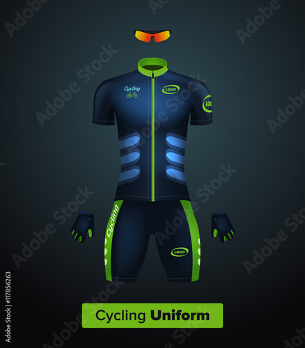 Realistic vector cycling uniform template. Blue and green. Branding mockup. Bike or Bicycle clothing and equipment. Special kit - short sleeve jersey, gloves and sunglasses. Front view. photo