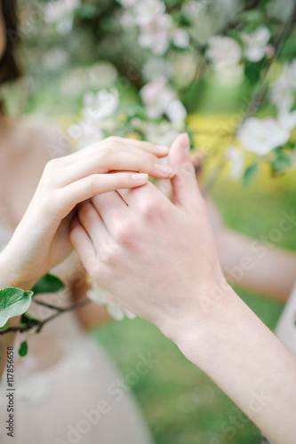 Hands of male and female over blossom tree © katie_martynova