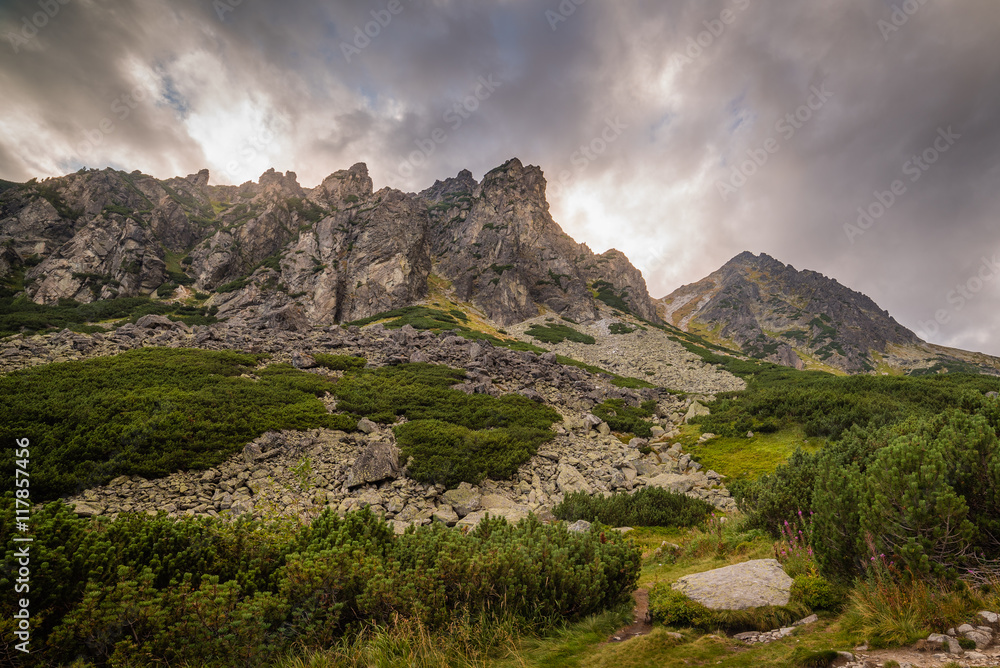 Mountain Landscape with Dramatic Glowing Sky. Mlynicka Valley, High Tatra, Slovakia.