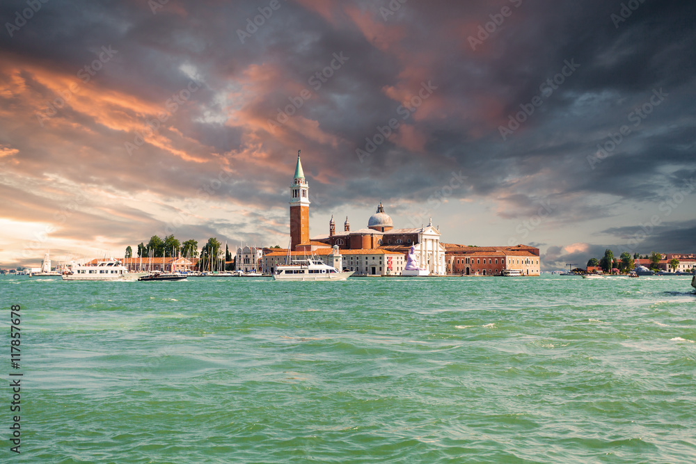 Saint Giorgio Maggiore Church, view from San Marco embankment. The church with a tower on the island. Venice, Italy.