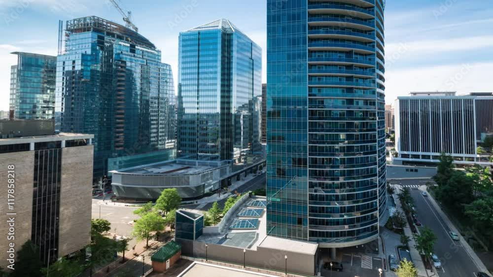 Time-lapse of the cityscape of Rosslyn, Arlington, Virginia in the morning