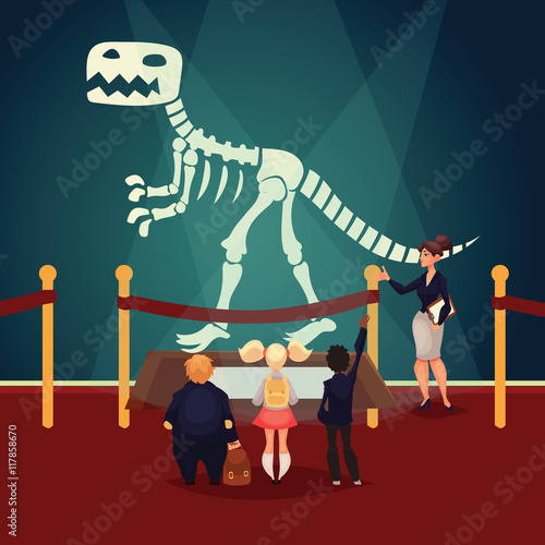 Kids in museum looking at dinosaur skeleton, cartoon style vector illustration. Museum guide telling children about a prehistoric dinosaur bones. School trip to museum