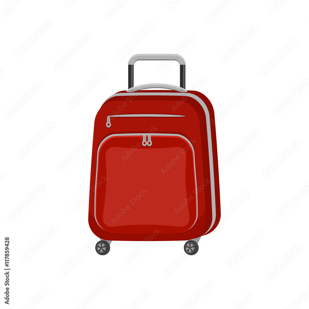 Red travel bag suitcase on isolated white background. Summer travel handle luggage. Flat vector icon illustration. Red travel bag suitcase on isolated white background. Summer travel handle luggage. Flat vector icon illustration.