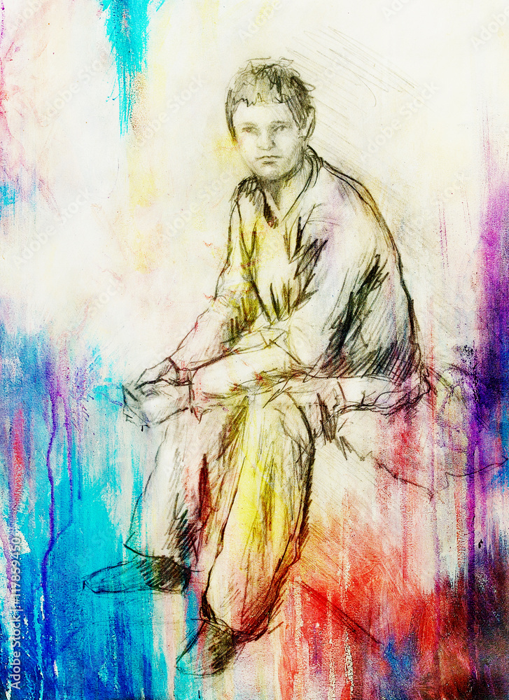 sitting young man drawing, eye contact, paper background.