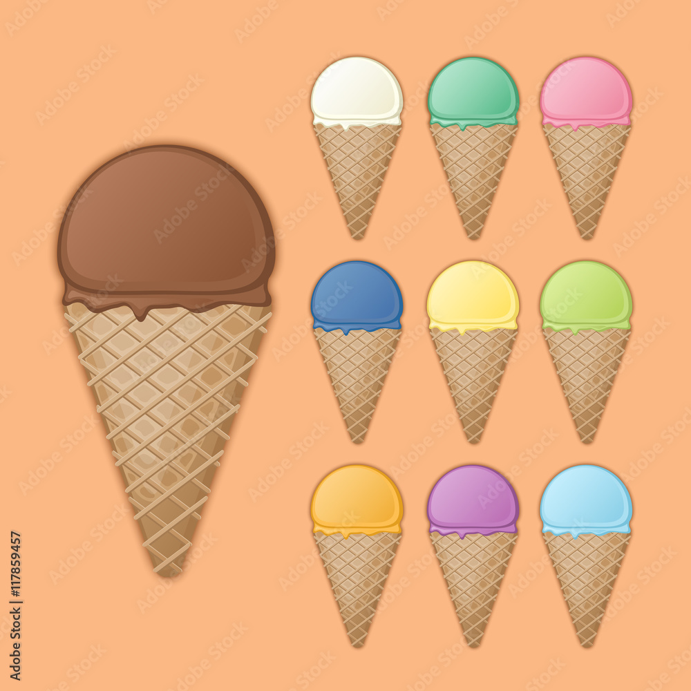 Big chocolate cone with various fruit ice cream. Set of colorful sweet waffle cones and ice cream scoops with different flavors and colors. Vector illustration on a dark background with shadow. Big chocolate cone with various fruit ice cream. Set of colorful sweet waffle cones and ice cream scoops with different flavors and colors. Vector illustration on a dark background with shadow.