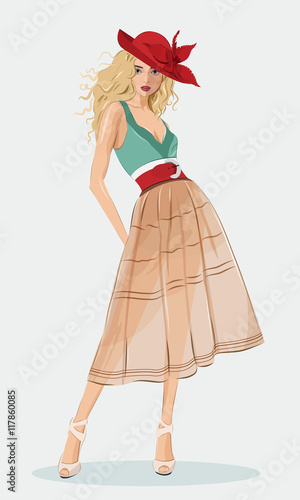 Stylish beautiful girl wearing fashion clothes and red hat. Detailed cute graphic woman. Vector fashion illustration.