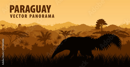 Vector panorama with anteater in Jungle - Paraguay, South America