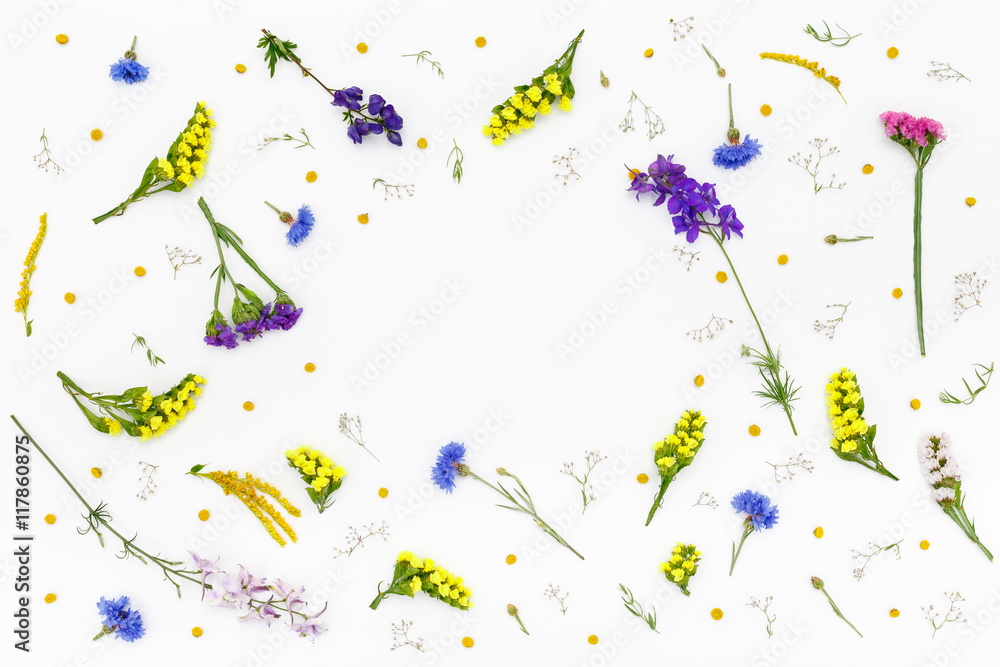 Frame with flowers on white background. Top view, flat lay pattern