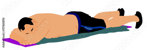 Senior, mature man sunbathing vector illustration. Man in swimwear spend relax time after work. Man lying on the rug on the beach. Massage therapy client.