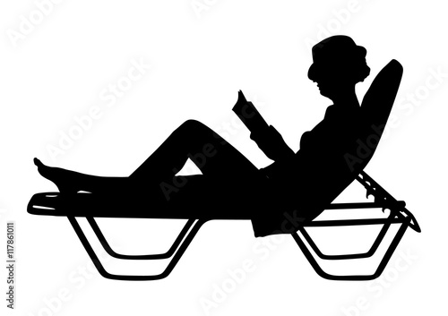 Young beautiful woman lying down on sun bed sofa lounge chair on holidays. Summer luxury vacation. Woman reading a book on the beach vector silhouette illustration, sunbathing by the pool.
