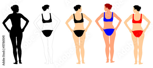 Sexy suntan beach woman sunbathing in fashion bikini. Beautiful fit body relaxing. Weight loss or skin care sun protection concept. Vector illustration isolated on white background. Active beach life.