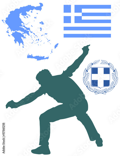 A Greek Evzone dancing vector silhouette isolated on white. Traditional dance. Dancing man silhouette vector illustration. Greece map, coat of arms and Greece flag. Tourist guide Greek symbol