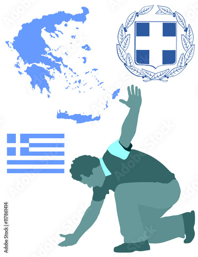 A Greek Evzone dancing vector silhouette isolated on white. Traditional dance. Dancing man silhouette vector illustration. Greece map, coat of arms and Greece flag. Tourist guide Greek symbol
