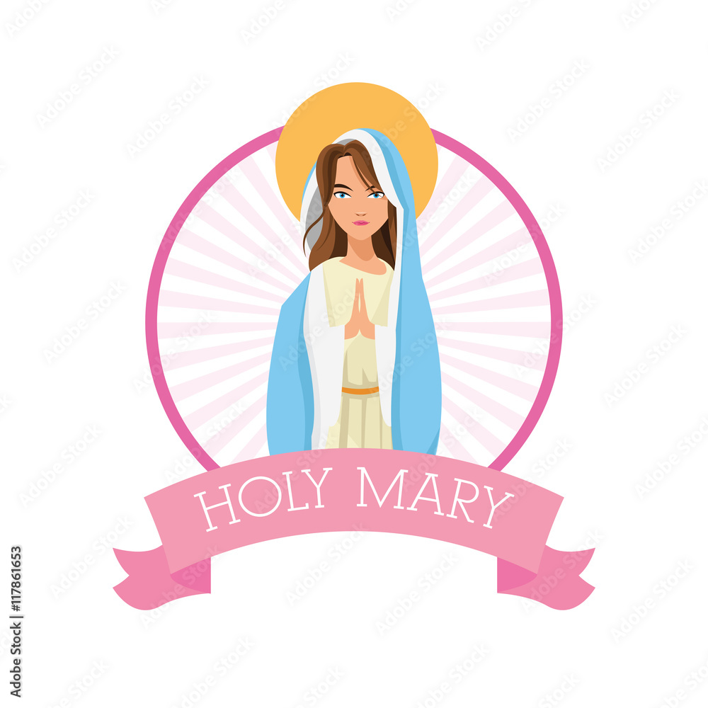 Holy mary woman girl cartoon religion saint icon. Pastel colored seal stamp with ribbon illustration. Vector graphic Holy mary woman girl cartoon religion saint icon. Pastel colored seal stamp with ribbon illustration. Vector graphic