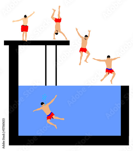 Young boys in many different position jumping into the water from a jetty. Young people having fun at the swimming pool on a summer day. Cliff Jumping vector illustration isolated on white background.