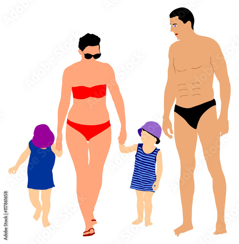 Happy Family Having Fun on beautiful sunny tropical beach vector illustration. Hand holding.