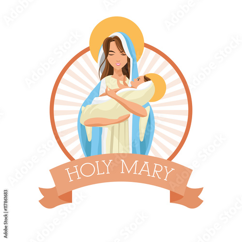 Holy mary woman girl baby jesus cartoon religion saint icon. Pastel colored seal stamp with ribbon illustration. Vector graphic