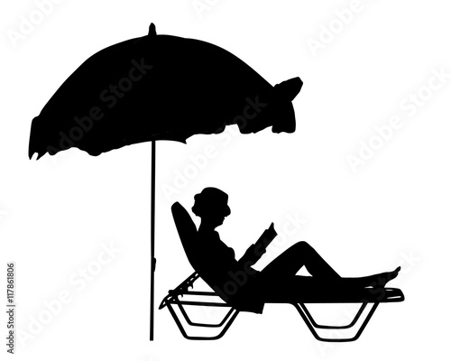 Young beautiful woman lying down on sun bed sofa lounge chair on holidays. Summer luxury vacation. Woman reading a book on the beach vector silhouette illustration, sunbathing by the pool.