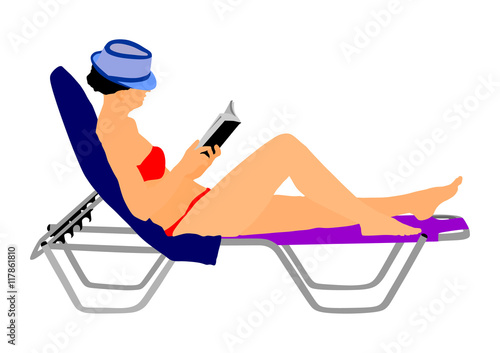 Young beautiful woman lying down on sun bed sofa lounge chair on holidays. Summer luxury vacation. Woman reading a book on the beach vector illustration, sunbathing by the pool.