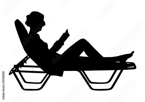 Young beautiful woman lying down on sun bed sofa lounge chair on holidays. Summer luxury vacation. Woman reading a book on the beach vector silhouette illustration, sunbathing by the pool.