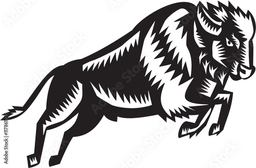 American Bison Buffalo Jumping Woodcut