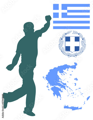 A Greek Evzone dancing vector silhouette isolated on white background.Traditional dance. Dancing man silhouette vector illustration. Greece map, coat of arms and Greece flag.Tourist guide Greek symbol photo