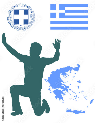 A Greek Evzone dancing vector silhouette isolated on white background.Traditional dance. Dancing man silhouette vector illustration. Greece map, coat of arms and Greece flag.Tourist guide Greek symbol photo