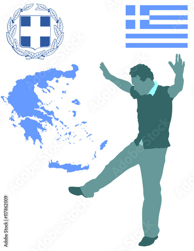 A Greek Evzone dancing vector silhouette isolated on white background.Traditional dance. Dancing man silhouette vector illustration. Greece map, coat of arms and Greece flag.Tourist guide Greek symbol photo