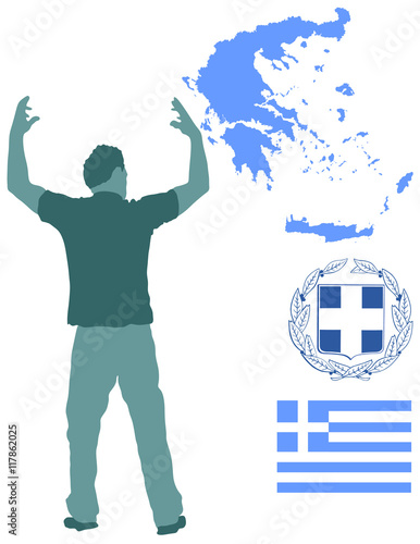 A Greek Evzone dancing vector silhouette isolated on white background.Traditional dance. Dancing man silhouette vector illustration. Greece map, coat of arms and Greece flag.Tourist guide Greek symbol