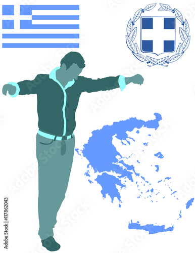 A Greek Evzone dancing vector silhouette isolated on white background.Traditional dance. Dancing man silhouette vector illustration. Greece map, coat of arms and Greece flag.Tourist guide Greek symbol
