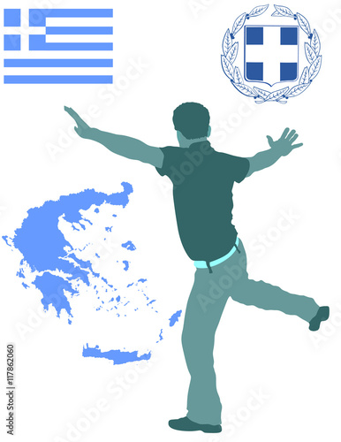 A Greek Evzone dancing vector silhouette isolated on white background.Traditional dance. Dancing man silhouette vector illustration. Greece map, coat of arms and Greece flag.Tourist guide Greek symbol