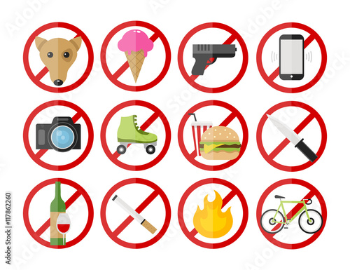 Vector "prohibitory signs" icons set: no smoking, no dogs, no fire, no cameras, no ice cream, no cell phones, no bicycles, no guns, no alcohol. no food, no rollers, no knife