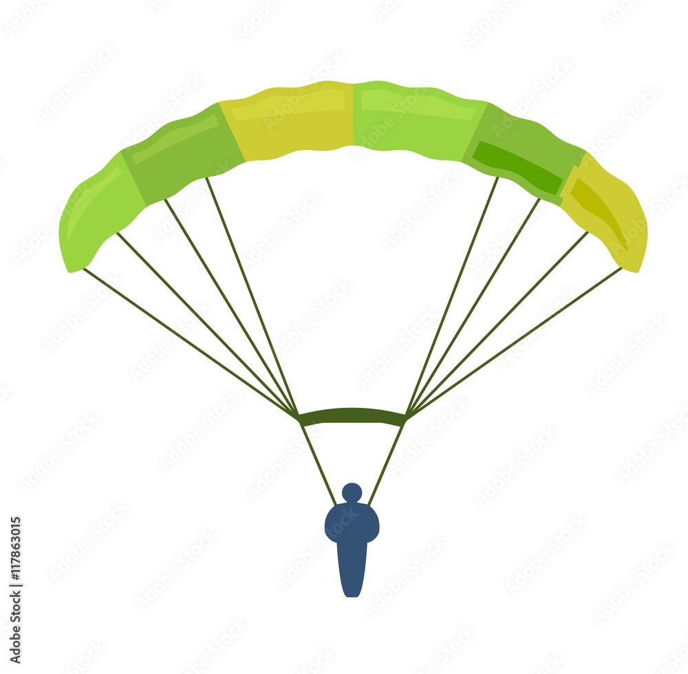Naklejka premium Illustration fly parachute flat icon cartoon graphic. Modern parachute extreme transport sky adventure journey and air parachute travel transportation flight airship. Hight jump down