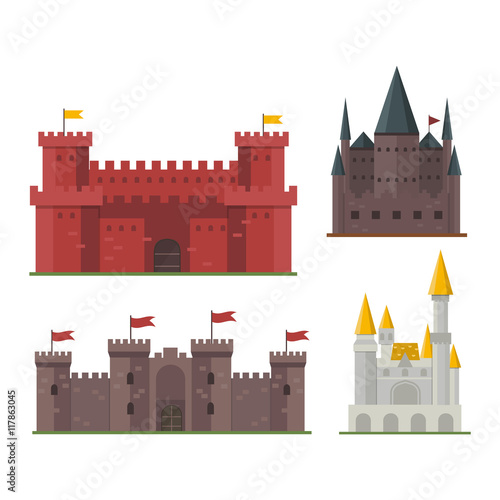 Cartoon fairy tale castle tower icon. Cute cartoon castle architecture. Vector illustration fantasy house fairytale medieval castle. Kingstone cartoon castle cartoon stronghold design fable isolated.