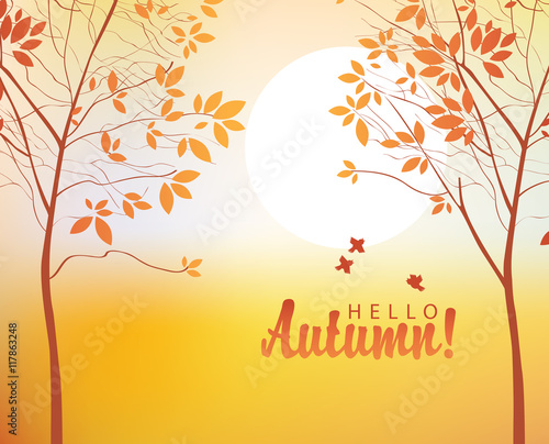 vector autumn landscape with trees in the park and sparrows