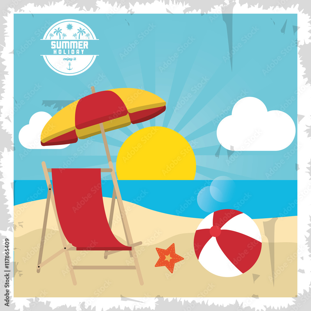 Fototapeta chair umbrella ball summer holiday vacation icon. Colorfull and grunge illustration. Vector graphic
