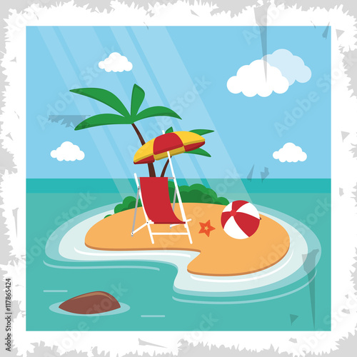 chair umbrella ball sun palm tree beach summer holiday vacation icon. Colorfull and grunge illustration. Vector graphic