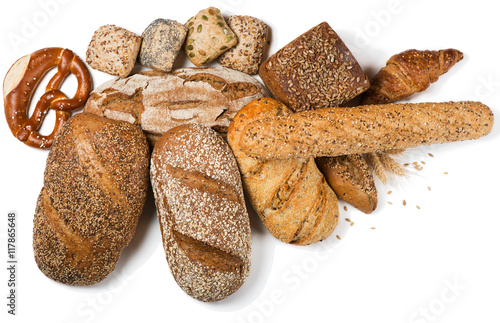 Different bread products, above view.