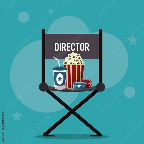 director chair pop corn soda ticket movie film going to cinema icon. Colorfull illustration. Vector graphic
