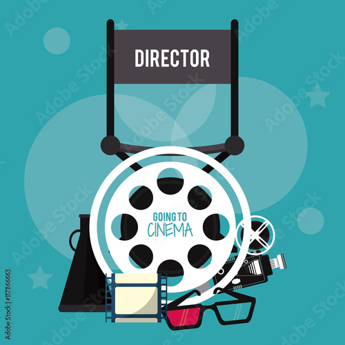 director chair reel 3d glasses videocamera movie film cinema icon. Colorfull illustration. Vector graphic