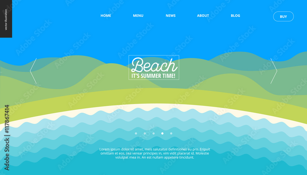 Summer beach landscape background web banner template - cartoon vector illustration of summer landscape with water and hills on blue sky