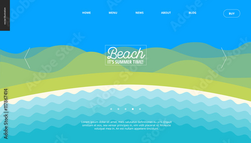 Summer beach landscape background web banner template - cartoon vector illustration of summer landscape with water and hills on blue sky