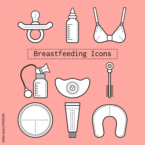 Breastfeeding. Set of flat icons. Motherhood. Vector