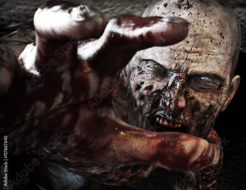 Φωτογραφία Close-up portrait of a horrible scary zombie attacking, reaching for its unsuspecting victim