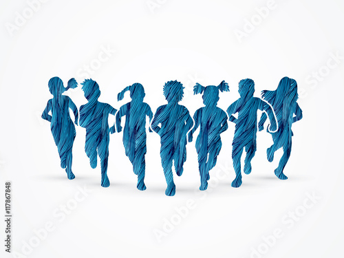Children running, Designed using blue grunge brush graphic vector.