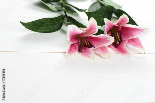Fototapeta Naklejka Na Ścianę i Meble -  Lily flowers arranged on table top white wood board