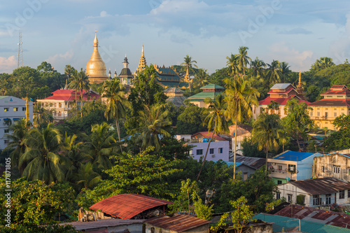 Sunrise, aerial view of Yangon cityscape, Myanmar.